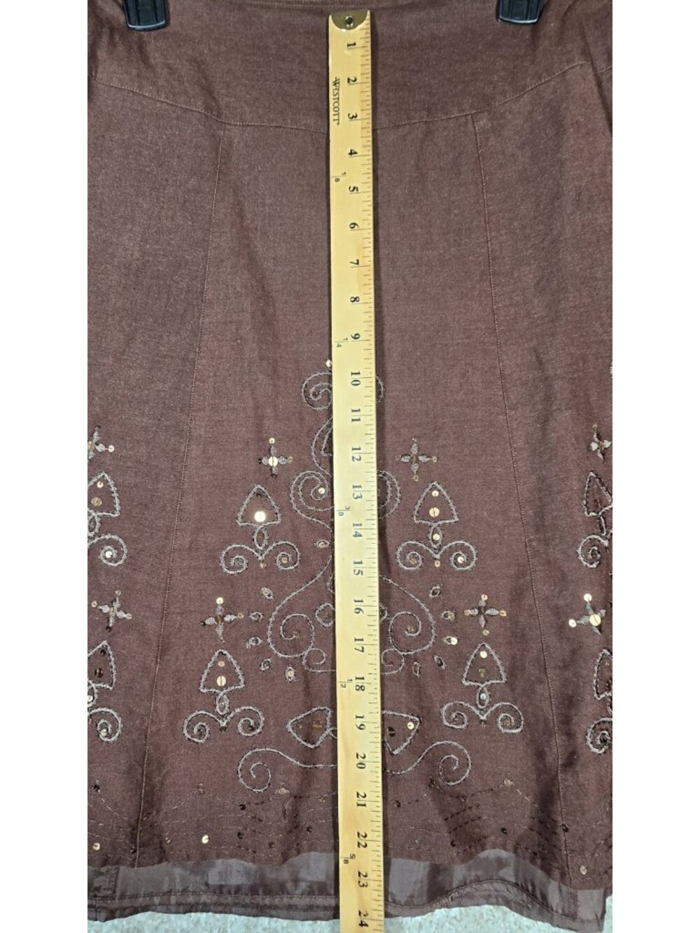 Dressbarn Brown Linen Blend A-Line Skirt Embroidered Sequin Boho Lined Women 16 - Picture 3 of 12